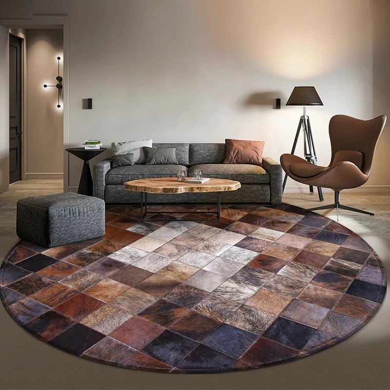 American Style Round Natural Cowhide Carpet Handmade Patchwork Rug Genuine Cows Skin Fur Carpet for Home Bedroom Decoration Mat