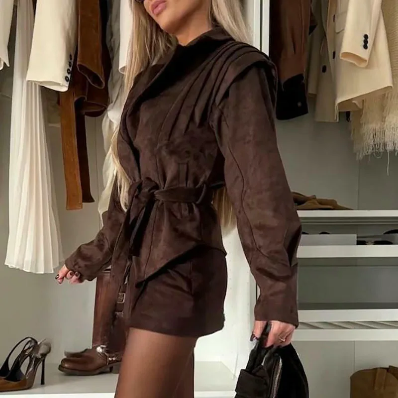 Kurtka damska na jesień 2025, jednolity kolor, wygodna, wiązana, dopasowana, casualowa, z klapami, długi rękaw, do pracy.