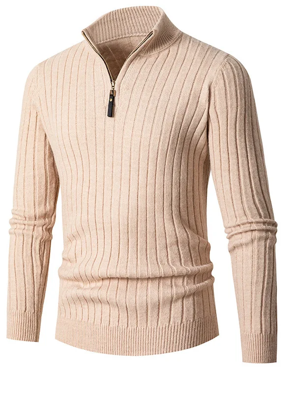

Slim Fit Zipper Knitted Sweater Vertical Stripes Color Casual Long Sve irt for Men Comfortable Medium Softn