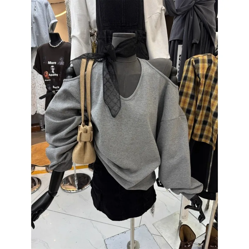 Women Lazy Coquette Style Off Shoulder Sweatshirt Loose Hide Fat Casual Versatile Top For Autumn Winter