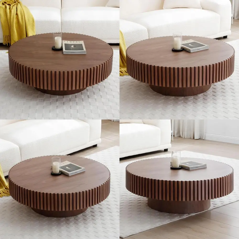 

Farmhouse-Style Round Coffee Table, 31.49 Diameter, Handcrafted Wood Accent Table for Living Room, Circular Drum Design with Rel