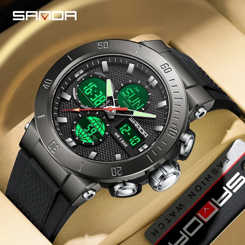 

SANDA мужские спортивные часы модные роскошные многофункциональные кварцевые водонепроницаемые часы двойной дисплей цифровая дата неделя светящиеся мужские часы