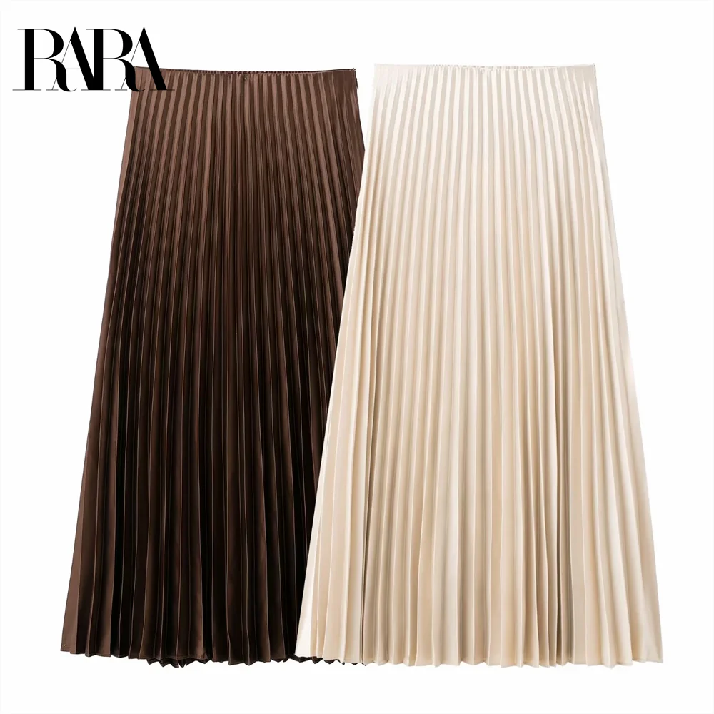 2025 RARA Women's High - waisted Pleated Midi Skirts in Chocolate Brown and Creamy White for a Graceful Look