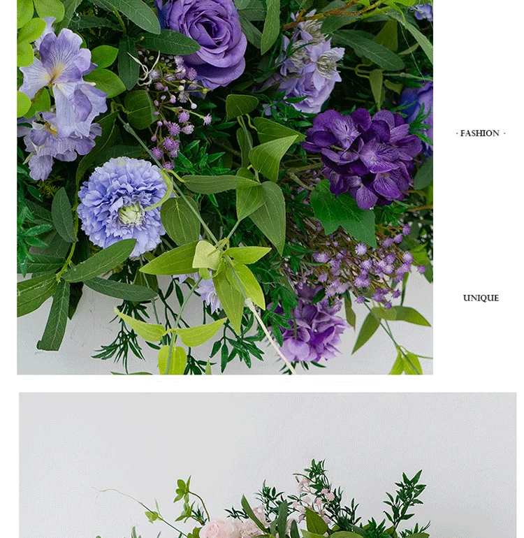 Grüne Pflanze, violette künstliche Blumenreihe, Hochzeitsgang-Boden-Blumenarrangement, Hängeblume, Outdoor-Gartenparty-Hintergrunddekoration – Detail 5