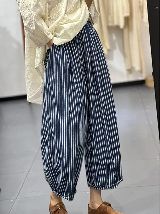 한국 슬레 캐주얼 팬츠 스트라이프 루즈 슬리밍 에이지 디파잉 다용도 코튼 와이드 레그 팬츠 하이 웨이스트 스트레이트 레그