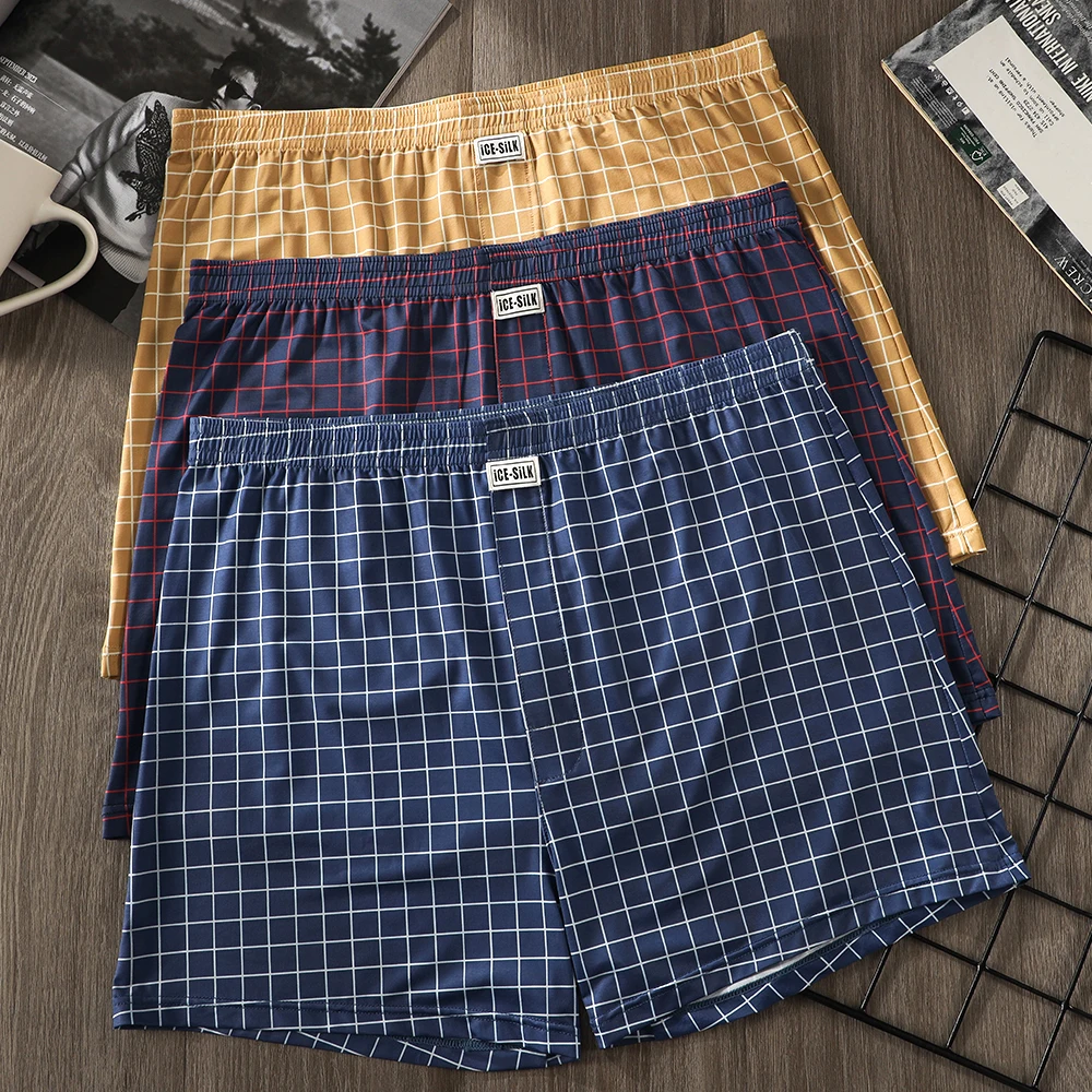 

1/3PCS Fashion Loose Plaid Men's Shorts Summer Smooth Ice Silk Breathable Men's Panties High Elastic Comfortable Men Underwear
