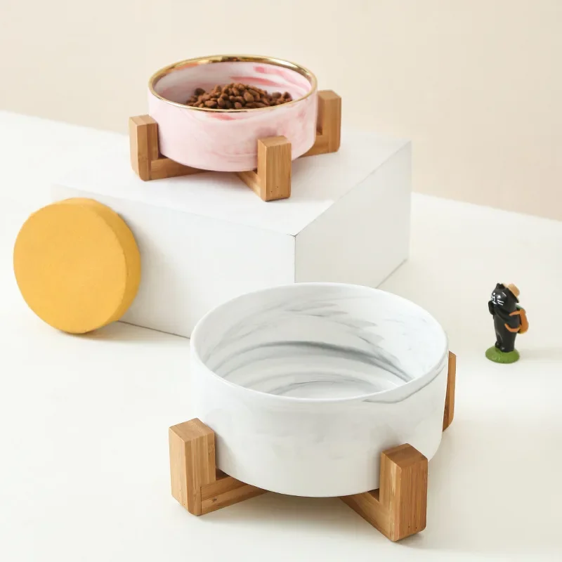 Ceramic Pet Bowl Dish with Wood Stand No Spill Pet Ceramic Double Bowl for Dog Cat Food Water Feeder Cats Small Dogs Pet Bowl