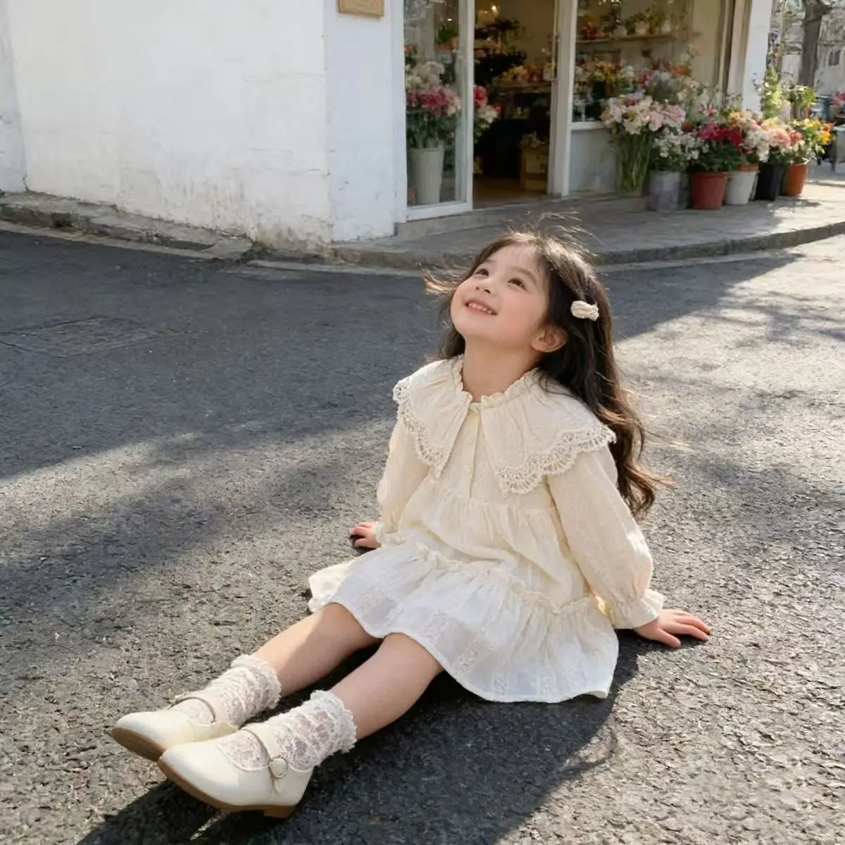 Spring and Autumn Girls' Dress Fashion New Style Children's Collar Lace Long Sleeve Princess Dress