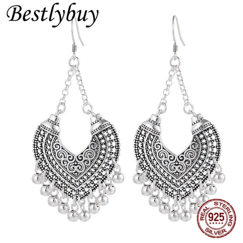 

Real S925 Silver Earrings With Retro Personality Exaggerated Hollow Out Tang Grass Pattern Tassel Earrings Women's Bohemian Sty