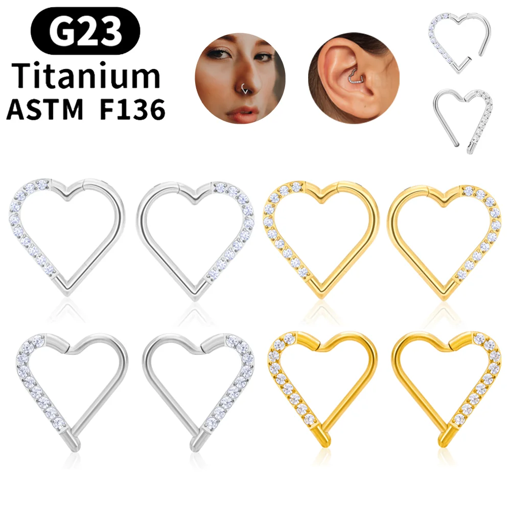 

G23 Titanium 16G Left Right Zircon Earrings Jewelry Fashion Heart Shaped Nose Ring Ear Helix Cartilage Body Jewelry Accessories