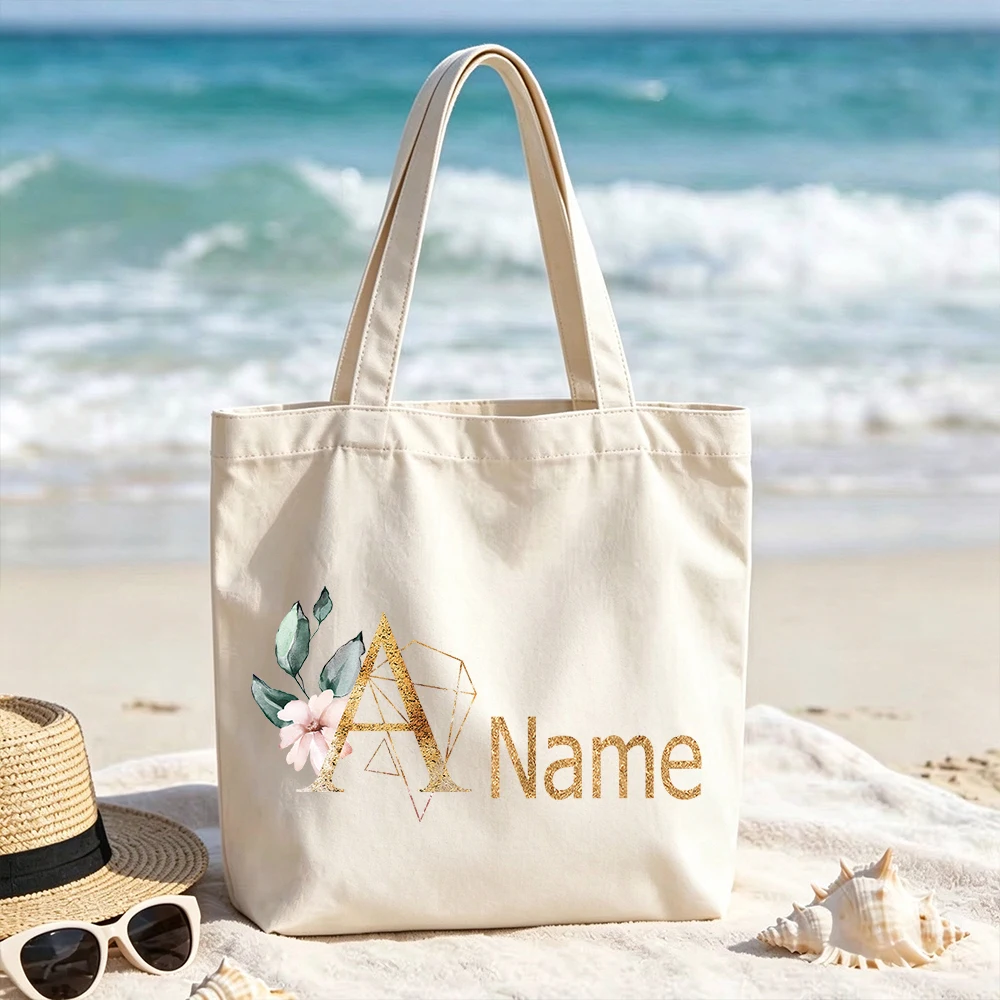 Personalized Floral Initial Canvas Tote Bag Custom Name Monogram Letters Grocery Shopping Bag for Women Bridesmaid Wedding Gifts