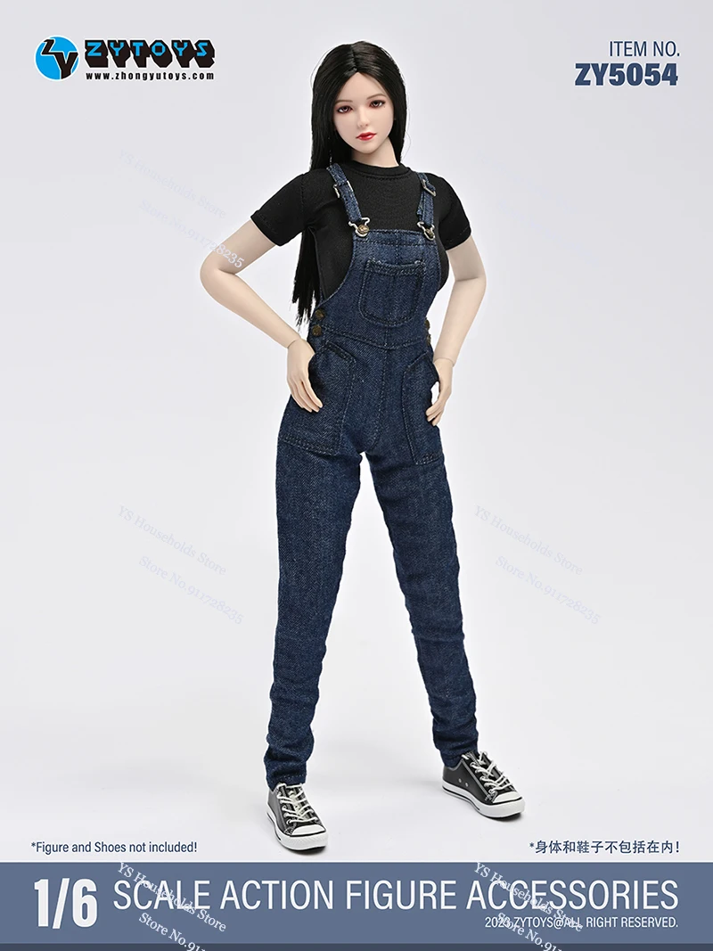 ZYTOYS ZY5054 1/6 Female Soldier Black T-shirt Denim Suspender Pants ZY5055 Short Sleeve Long Skirt Clothes Set For 12