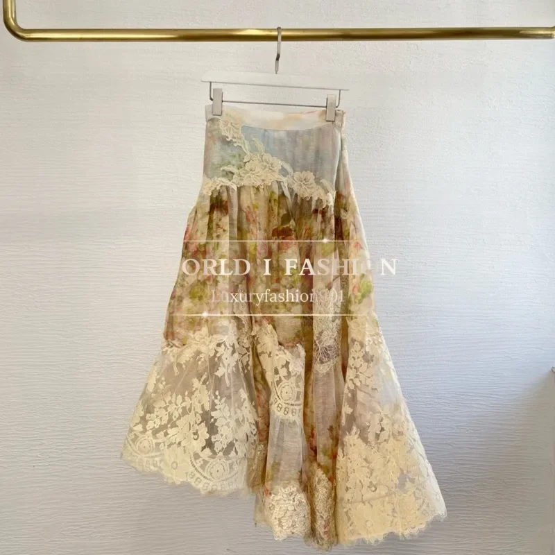 Summer Beach Beige Yellow Lace Patchwork Irregular Hem Skirt for Women