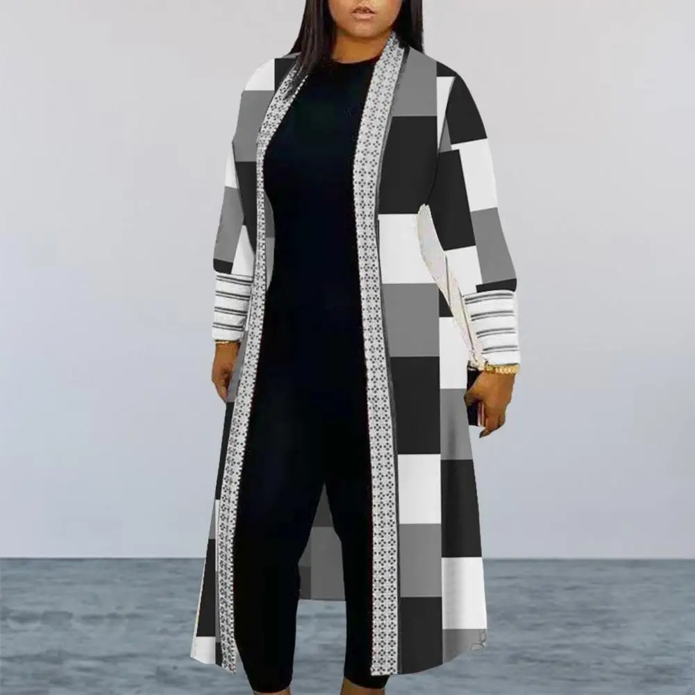 

Print Open Front Longline Coat 2023 Autumn Women Long Cardigan Elegant Splice Striped Loose Slim Ponchos Capes