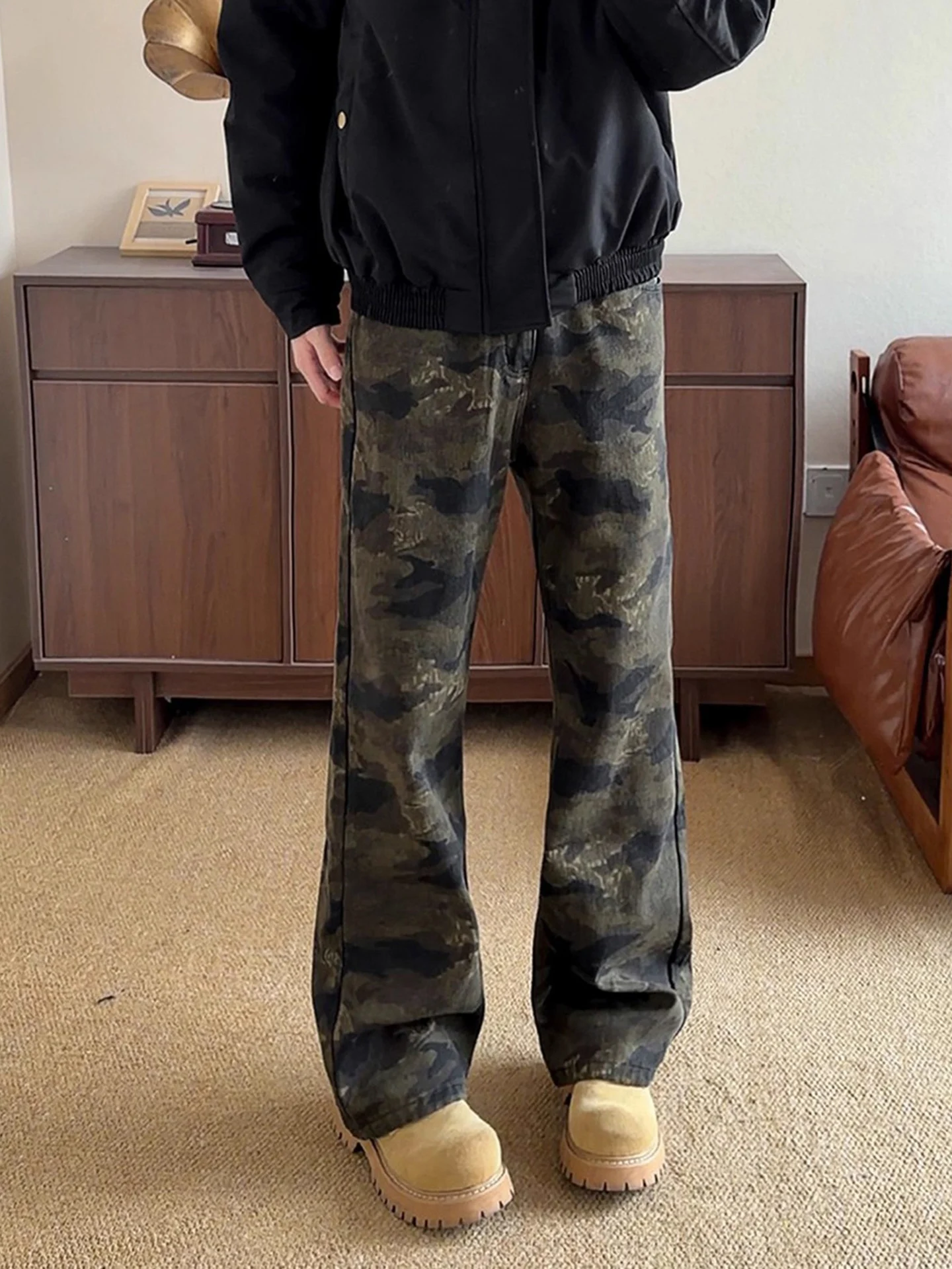 

Ретро американские камуфляжные мужские джинсы Thiened Fce с прямыми штанинами, зимние носимые повседневные брюки прямого кроя High Street ...