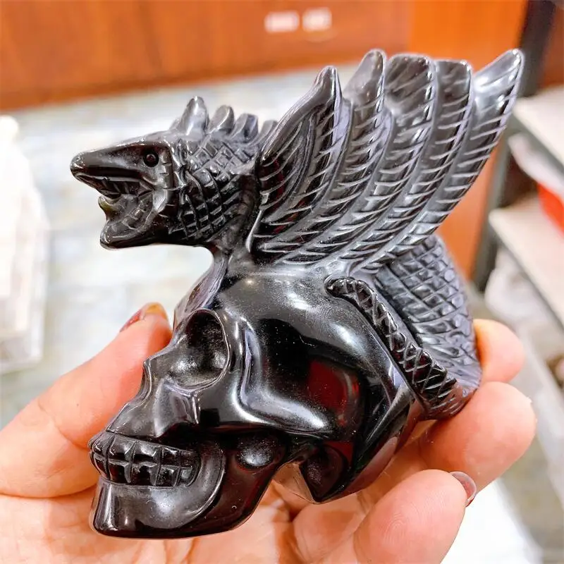 9.5cm Natural  Black Obsidian Dragon Skull Crystal Carving Healing Fashion Home Decoration Birthday Present Holiday Gift 1pcs