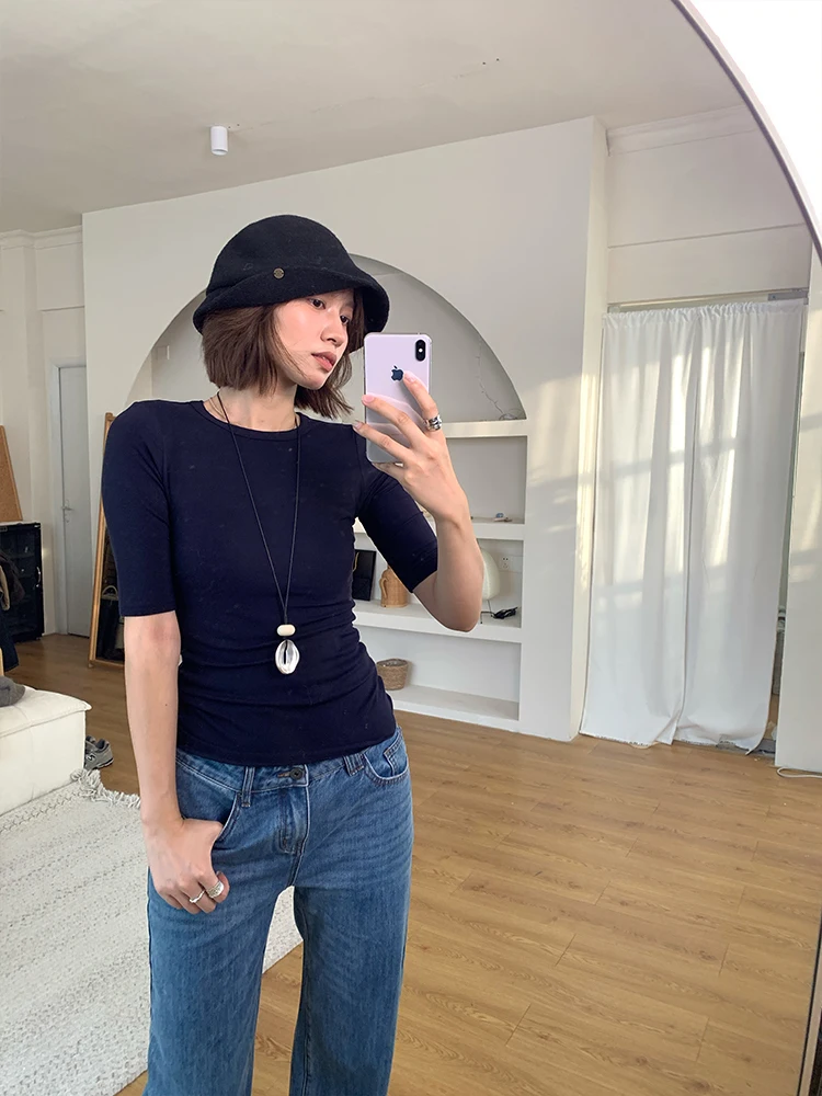 

Футболка BreezeMood Classic Color U-Ne с круглым вырезом, трикотажная, приталенная, с рукавом до локтя, из лиоцелла