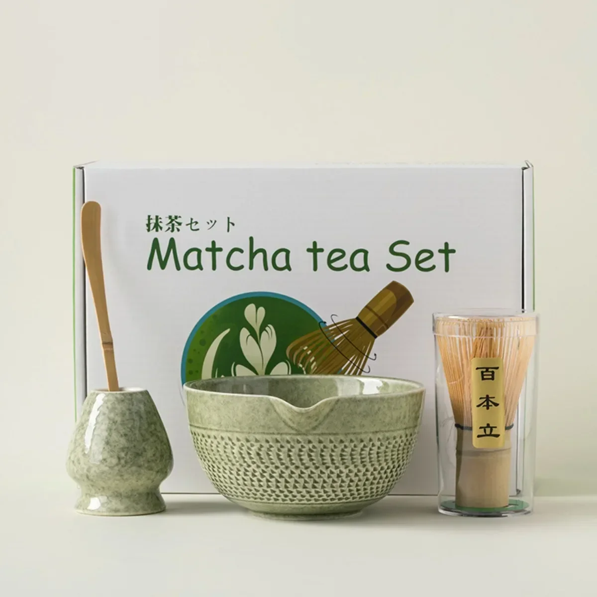 

Matcha Set Japanese Tea Set Includes Matcha Bowl with Spout Whisk Holder Green Glaze Ceramic Matcha Kit for Tea-making Tools