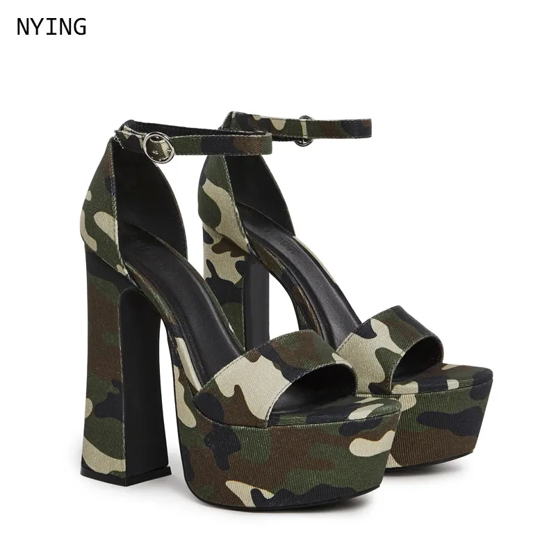 

camouflage Thick Heels Platform Sexy Women Sandals 14cm Peep Toe Pole Dance Shoes Stripper Heels Catwalk Bride Big Size 44