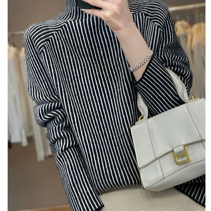 New Autumn/Winter Fashion Lazy Style Thickened Vertical Stripe Color Block Half High Neck Loose Versatile Slim Women\'s Sweater