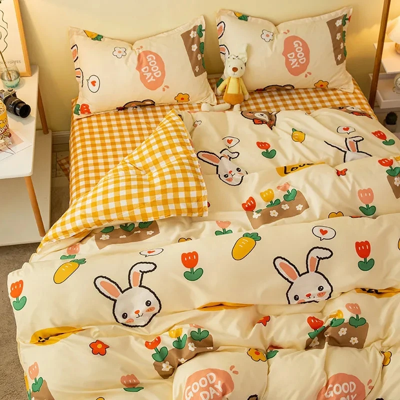 Rabbit Bedding Set Cute Blue Sweetheart Soft Flat Sheet Set Duvet Cover With Pillowcase Single Double Queen Size Bed Linen