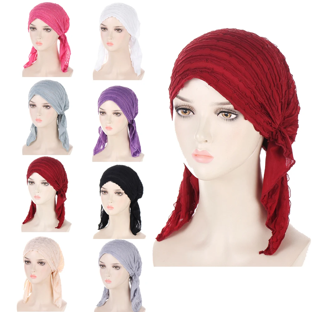 

New Women Pre-Tied Hat Long Tail Headscarf Turban Muslim Inner Hijab Elastic Hair Loss Chemo Cap Beanies Bonnet Head Scarf Wrap