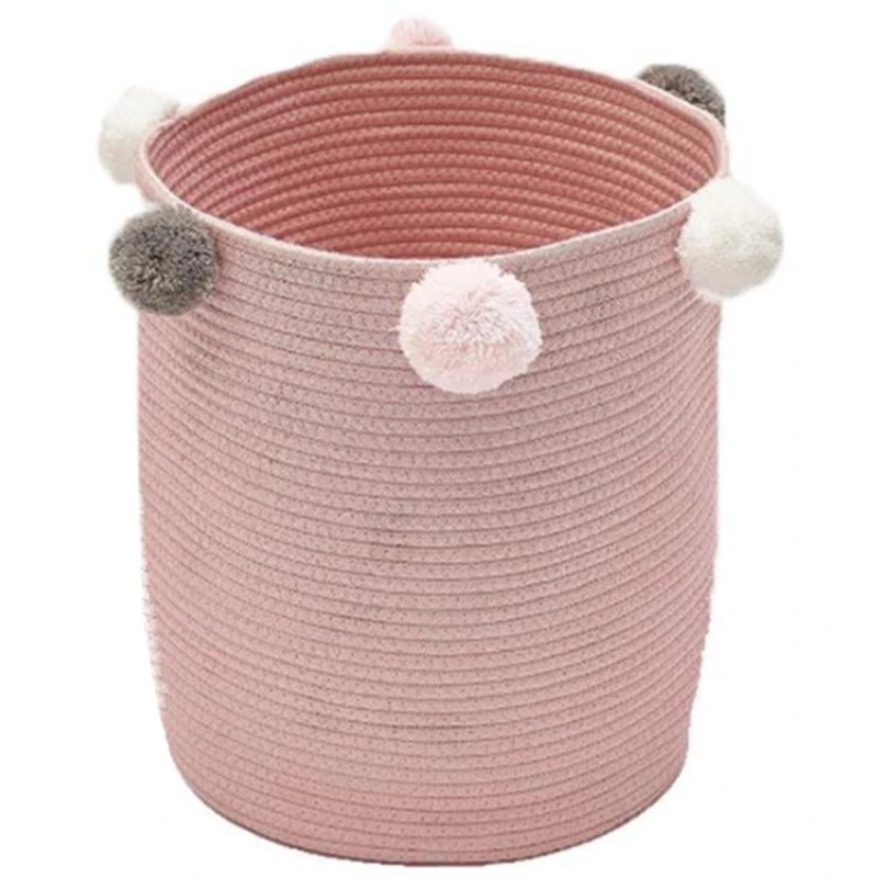 Nordic Cotton Rope Woven Storage Baskets with Pompom Large Dirty Clothes Laundry Basket Kids Toy Storage(Pink)