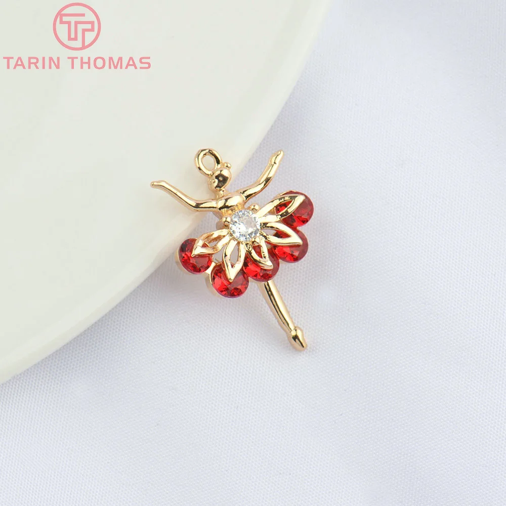 (4858) 10PCS 14.5x21MM 24K Champagne Gold Color Brass with Zircon Ballet Girl Pendants High Quality Jewelry Making Findings