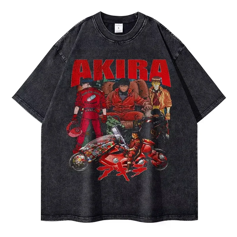 

2025 Anime Akira T-shirts Streetwear Vintage Washed Kaneda Shoutarou T Shirt Short Sleeve Retro Manga Tops Tees Men Cotton