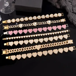 Luxury Bling Crystal Heart Cuban Link Chain Bracelet for Women Full Rhinestone Valentine's Day Jewelry Gift Fashion DropShipping