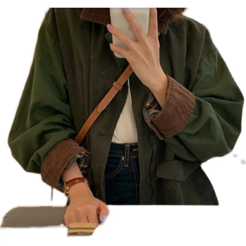 Vintage Patchwork Turn-down Collar Corduroy Jacket Coat Autumn Loose Hip Hop Jacket Women Streetwear Casual Outerwear Female Top