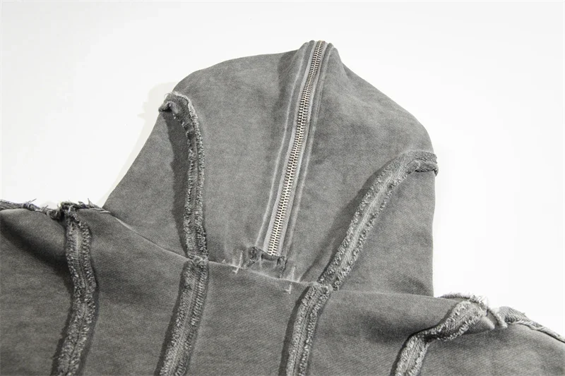 رمادي أسود أبيض البلطجة نادي هوديي غسل تفعل القديم المرقعة غطاء الوجه مزدوجة سستة قصيرة مقنعين البلوز للرجال النساء معطف #6