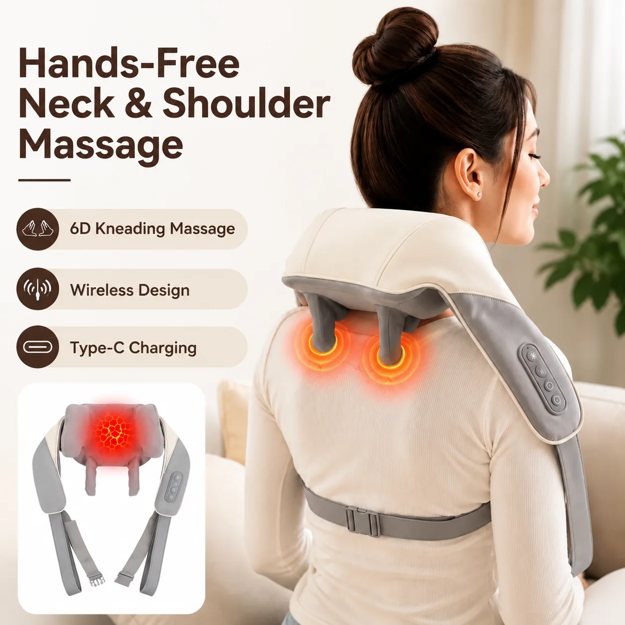 Vimyshow Wireless Neck Shoulder Massager Hands Free 5D Deep Kneading Massage Shawl Human-Like Massage Device Relaxation Tool