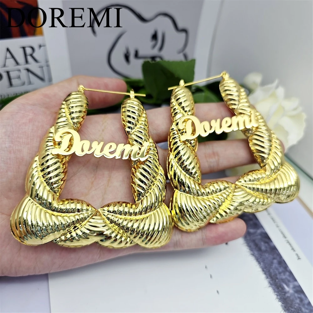 DOREMI 80mm Stainless Steel Exaggerated Triangle Twist Custom Name Gold Earrings Retro Punk Gold Clip on Hoop Earrings Jewelry