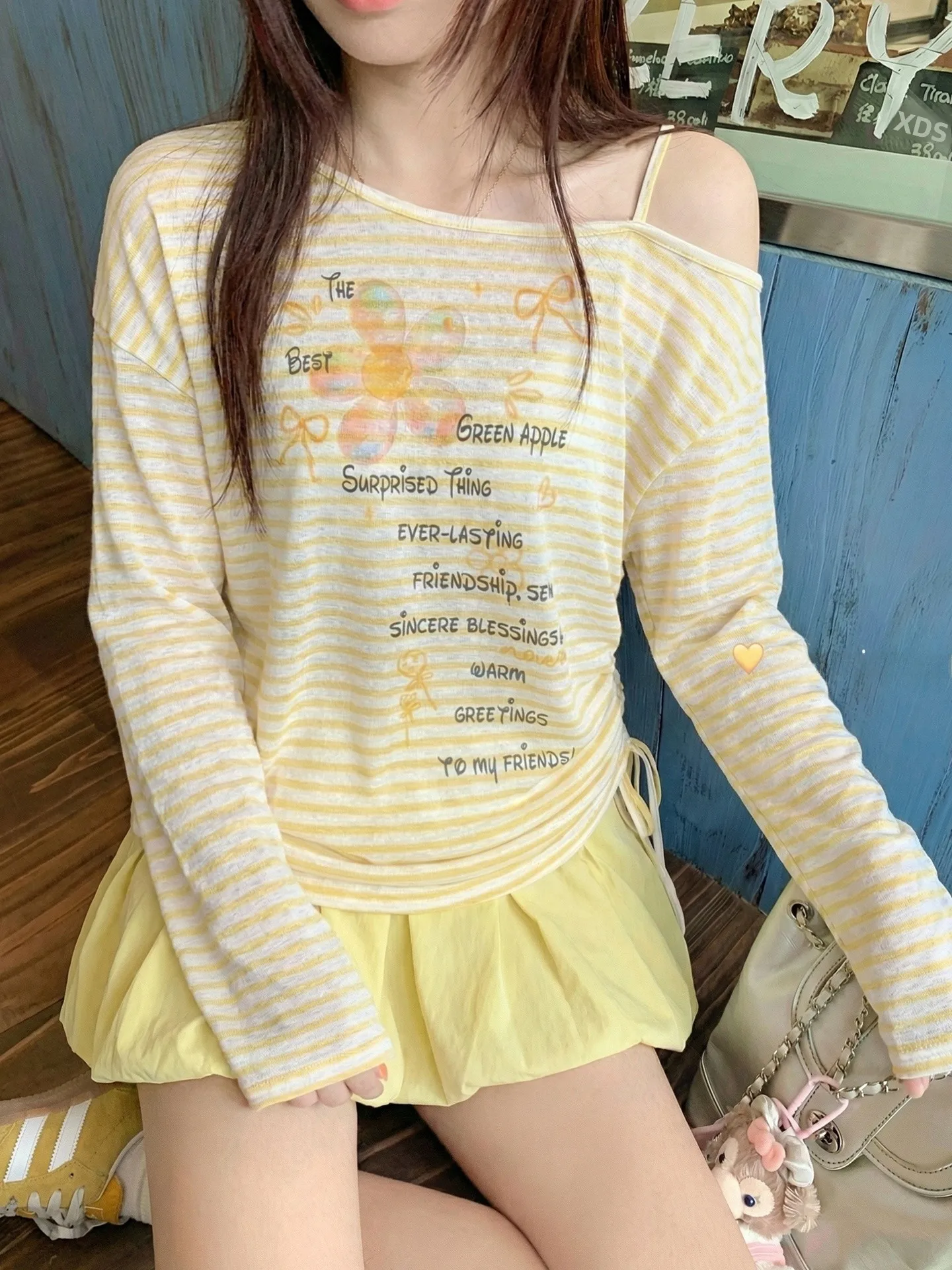 

Zeng Xiao Salt Korean Style Long Sleeve Striped T-Shirt Women Casual Shoulder Casual Spring Summer UV Protection Loose Fit