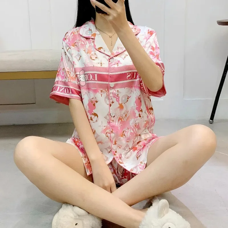 Light Luxury Alphabet Pajamas Women\'s Summer Short-sleeved Ice Silk High-end Comfortable Loungewear Set Pink Floral Silk Pajama