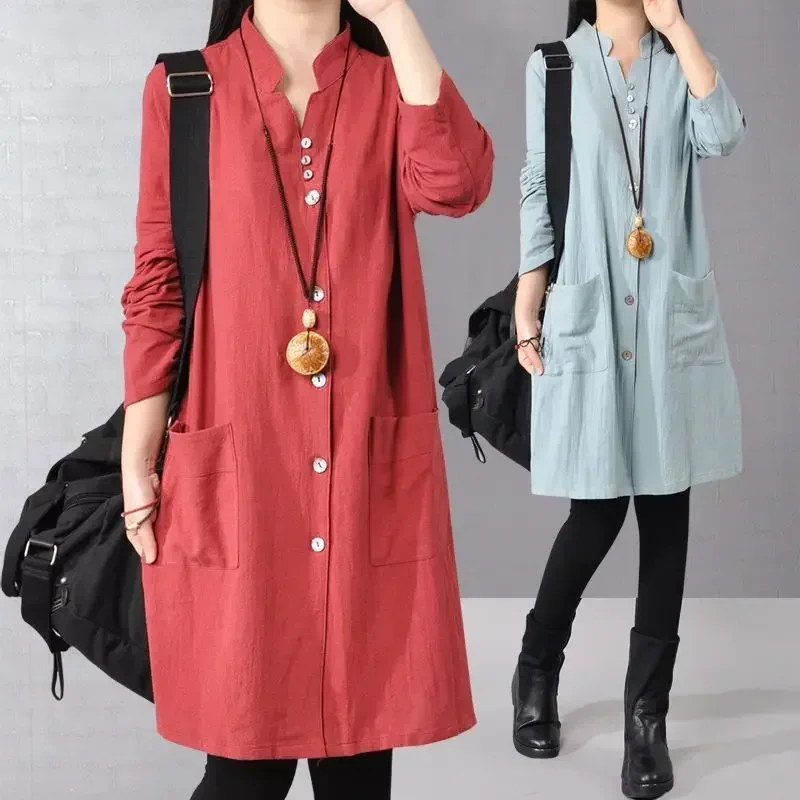 Vintage cor sólida roupas femininas primavera com decote em v botão manga longa topos feminino novo estilo chinês casual bolsos camisa