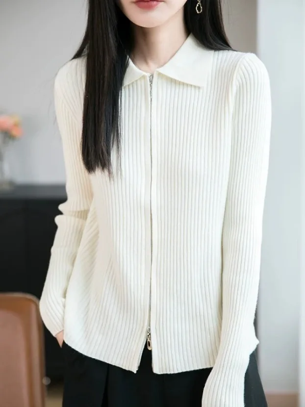 

Высококачественный вязаный открытый кардиган европейского дизайна с двойной молнией, женский свитер с отложным воротником Jaet, мягкая шерстяная смесь Long Sve