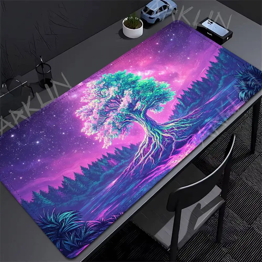 

Glowing Neon Tree of Life Gaming Mouse Pad, Psychedelic Galaxy Starry Night Forest Lake Extended Desk Mat Non-slip Gamer Office
