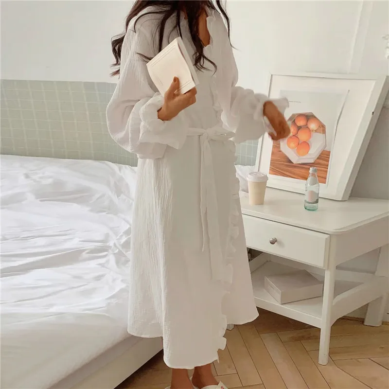 Spring Summer Korean Nightgowns For Women Long Sleeved Nightwear Female Lace Sexy Sleepwear Home Clothes Silk Cotton Night Robe