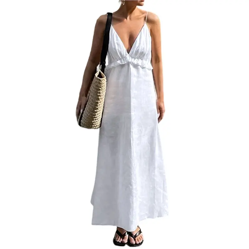 

Элегантное летнее пляжное платье макси в стиле бохо для свадеб и отпуска, с открытой спиной и воротником-халтер.