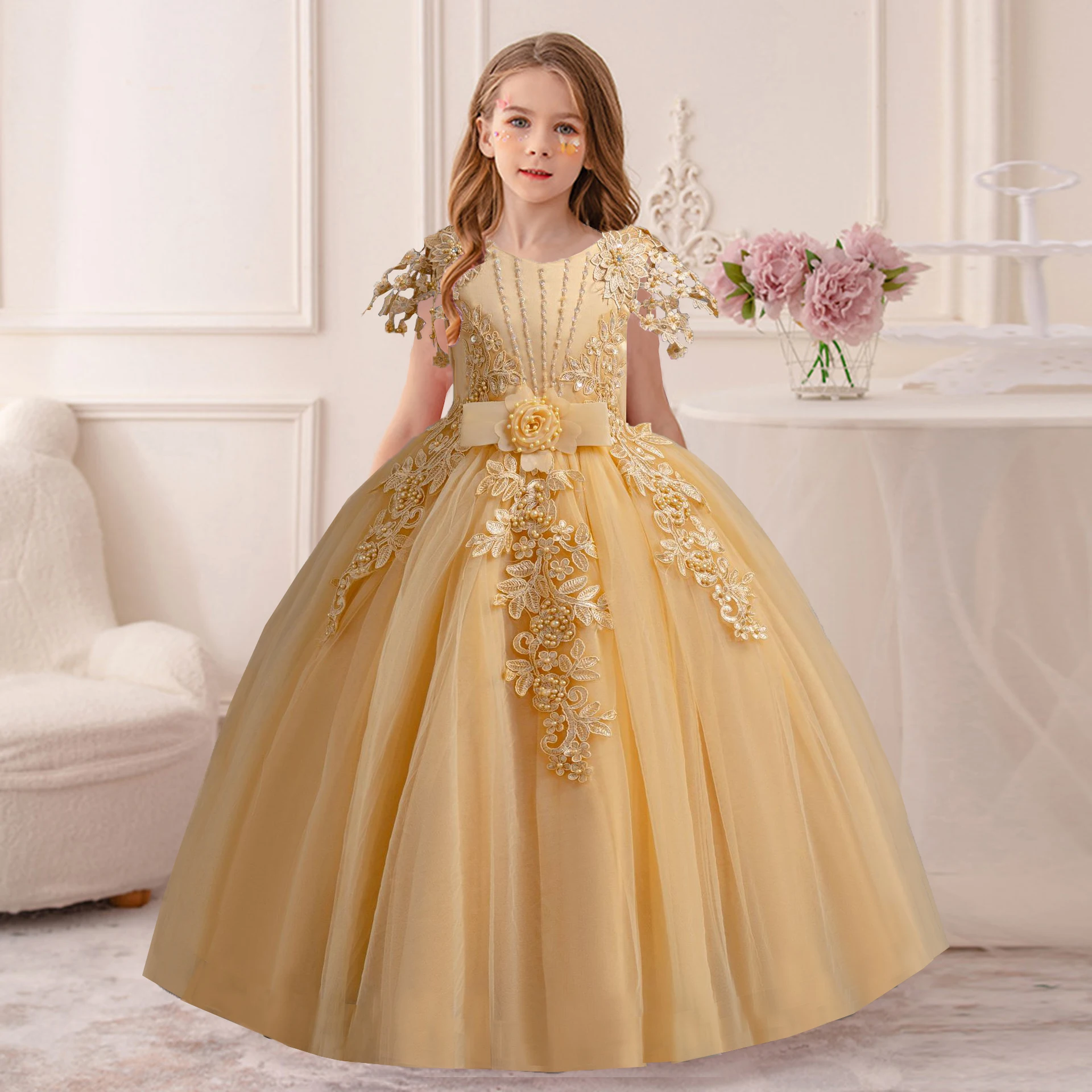 AmyStylish petites grandes filles brodé nœud papillon mariage fleur fille fête d'anniversaire concours robe formelle AC135