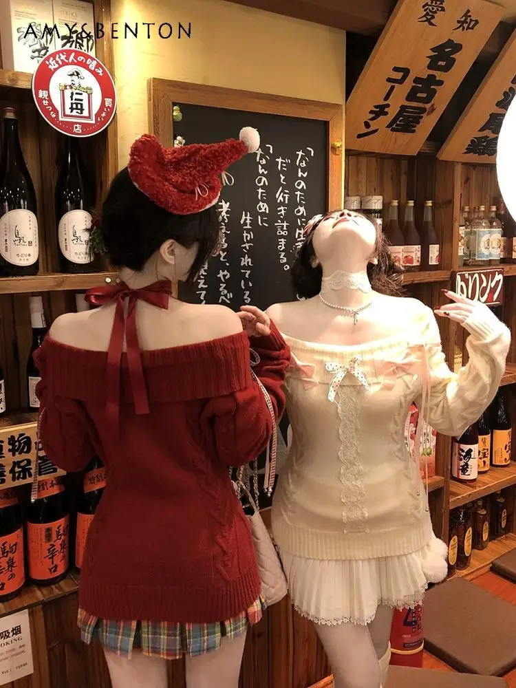 

Autumn Winter Christmas New Year Off-Shoulder Red Apricot Lace Bow Knitted Sweater Colorful Short Skirt Two-Piece Set