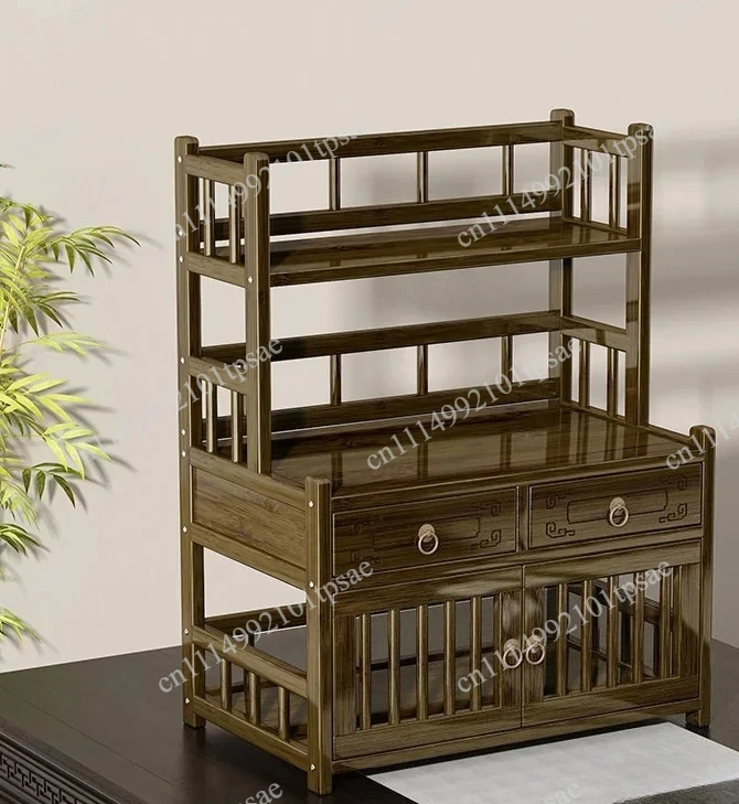 Retro Chinese Desk Organizer Multi-layer Structure Drawer Design Storage Desk-Double Open Cabinet Door Bookshelf for Home Office