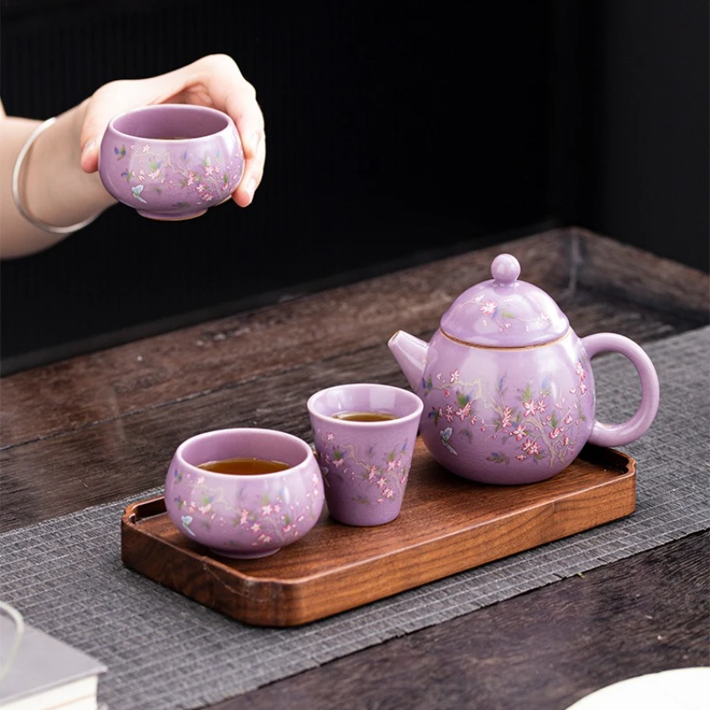Purple Ru Kiln Ceramic Travel Tea Set One Pot Two Cups Portable Kuaike Cup Outdoor Tea Breaker Teacup