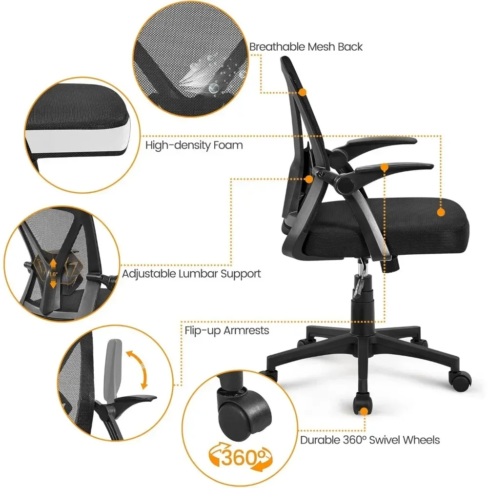 Home Office Work Desk Chair Swivel Computer Mesh Chair with Flip-up Arms Adjustable Height Lumbar Support Executive Office Chair