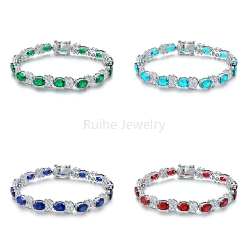 

Ruihe New Couple 925 Silver Lab Grown Emerald Sapphire Paraiba Ruby Gems with Simulated Diamond Zirconia Bracelet Women Jewelry