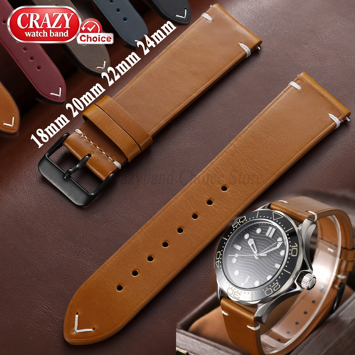 Oil Wax Leather Strap for Samsung for Casio for Omega Watch Band Quick Release 18mm 20mm 22mm 24mm Universal Business Waterproof
