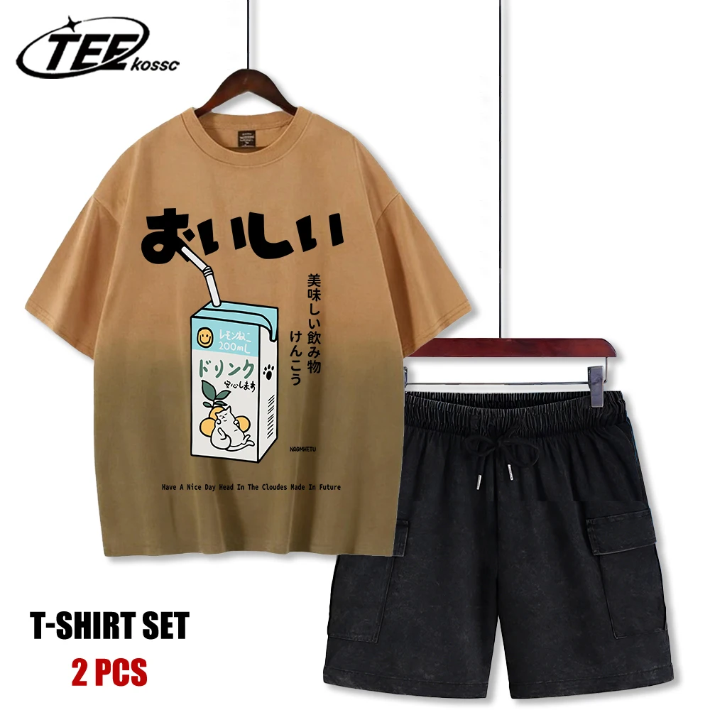 

Delicious Milk And Cute Cat Print Tie-Dye T Shirts Men Soft Cotton Retro T-Shirt Fashion O-Neck Tee Set Unisex Summer Clothing