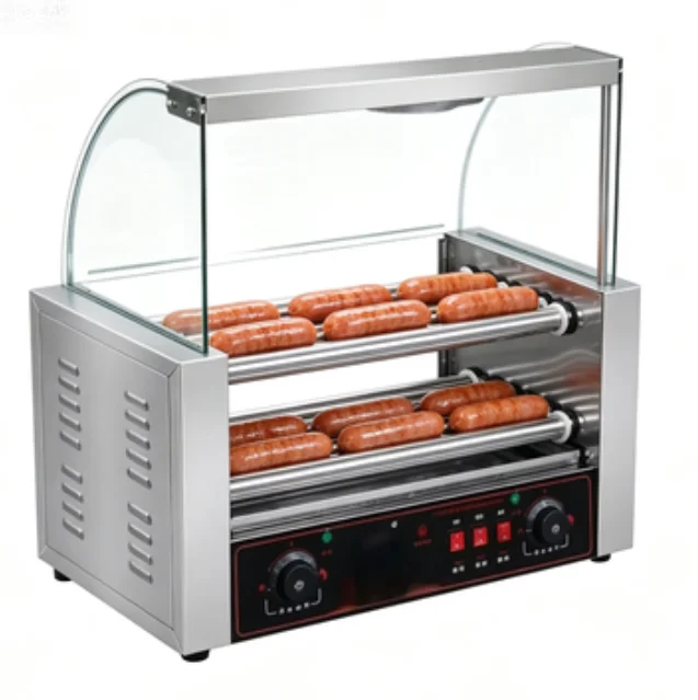 Commercial 7-Tube Sausage Baking Machine Stainless Steel Hot Dog Roller Grill with Shelf for Snack Bar